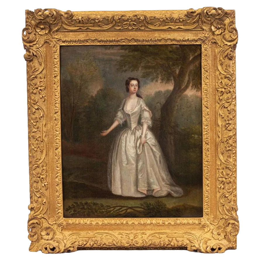 Portrait of Lucy Sotheron in a landscape by Circle of Charles Phillips, offered by Nicholas Wells Antiques