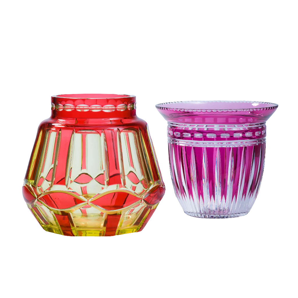 Pair of vintage cased glass vases including Val St Lambert ruby over uranium glass from Nwtiques