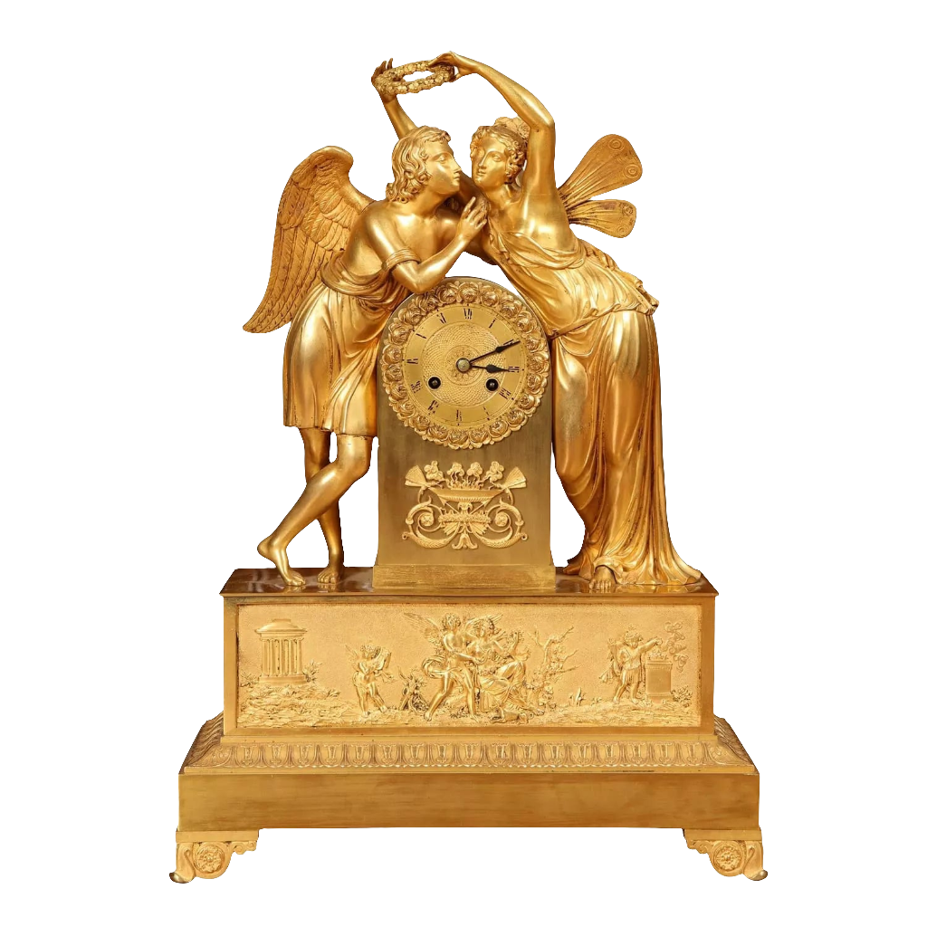 Early 19th century gilt bronze mantel clock with Cupid and Psyche by Nwtiques, France circa 1820