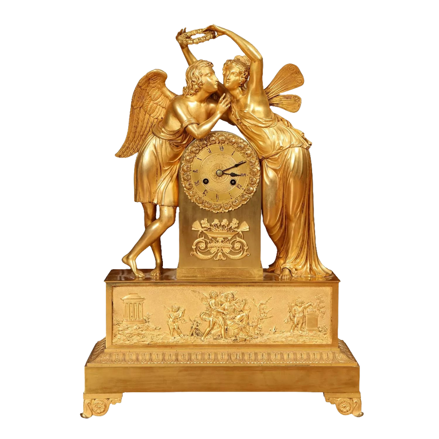 Early 19th century gilt bronze mantel clock with Cupid and Psyche by Nicholas Wells Antiques, France circa 1820