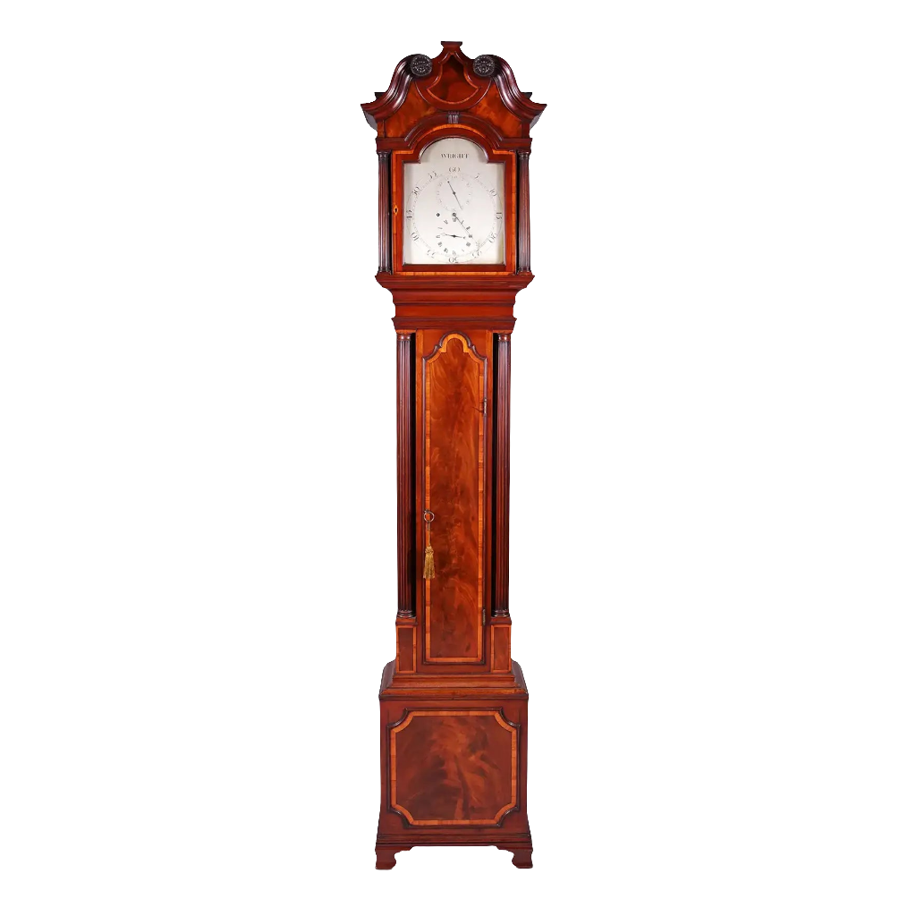 George III mahogany longcase clock by Thomas Wright, circa 1785, offered by Nwtiques