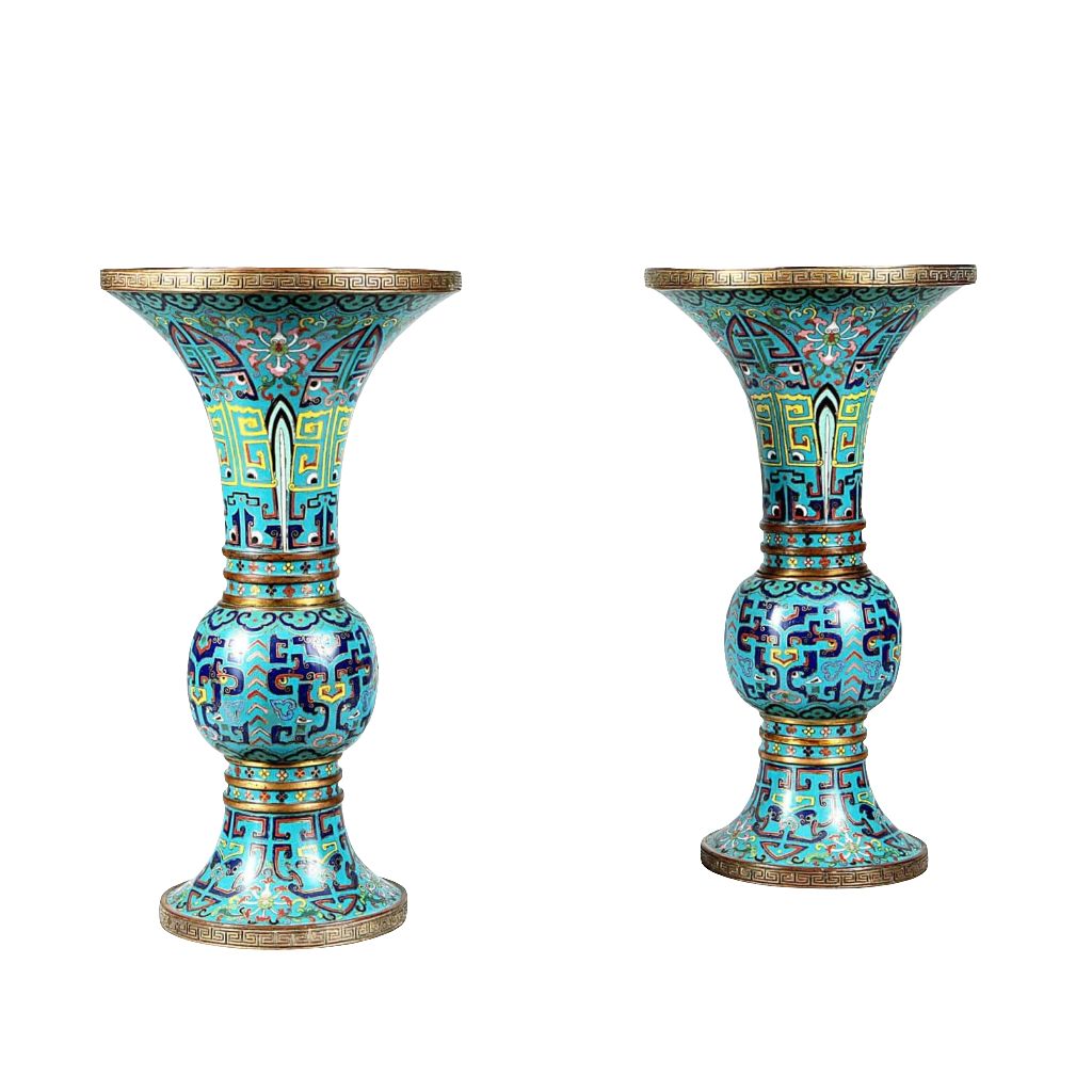 Pair of 19th century Qing Dynasty blue cloisonne Gu vases from Nwtiques in excellent condition