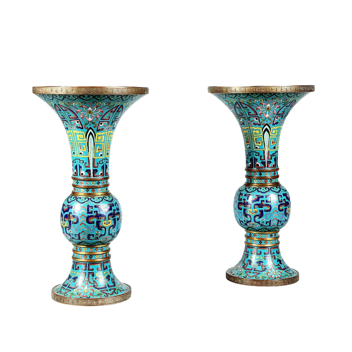 Pair of 19th century Qing Dynasty blue cloisonne Gu vases from Nwtiques in excellent condition
