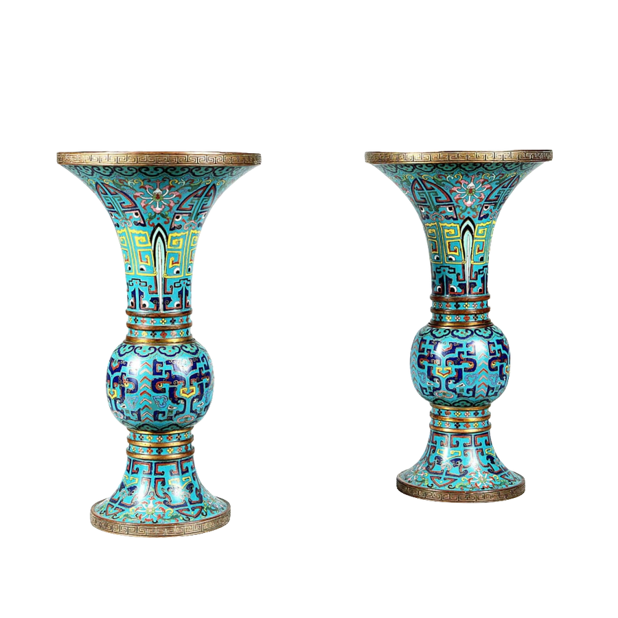 Pair of 19th century Qing Dynasty blue cloisonne Gu vases from Nwtiques in excellent condition