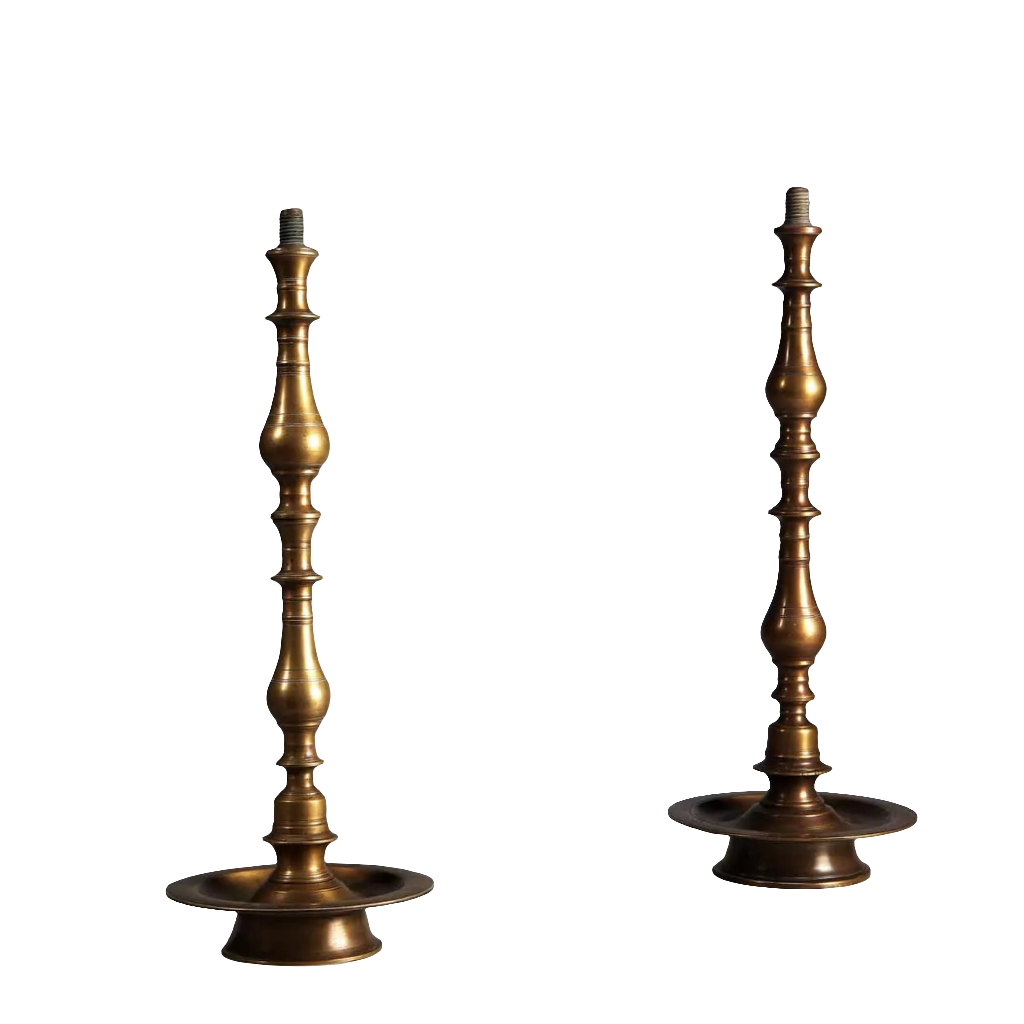 Matched Pair of Turned Brass Indian Table Lamps, 19th century, circa 1850, tall brass vintage lighting set.