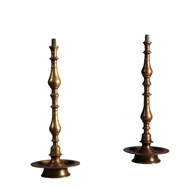 Matched Pair of Turned Brass Indian Table Lamps, 19th century, circa 1850, tall brass vintage lighting set.