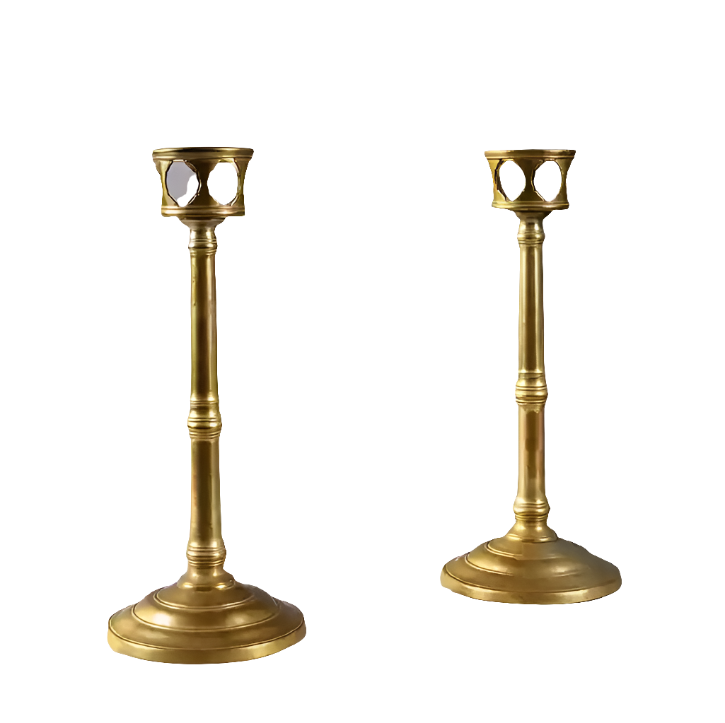 Pair of spun brass candle stands circa 1875 with decorative cut outs 36 cm high from Collection EE10