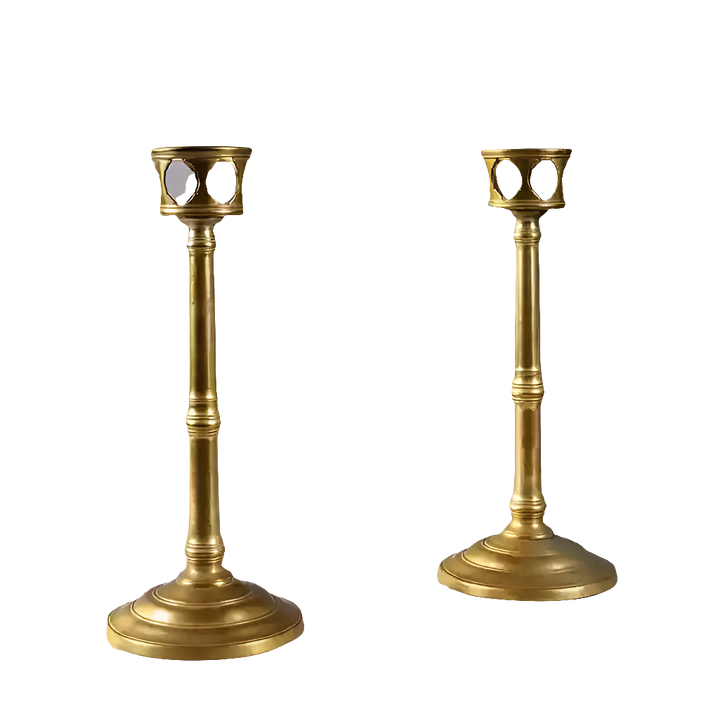 Pair of spun brass candle stands circa 1875 with decorative cut outs 36 cm high from Collection EE10