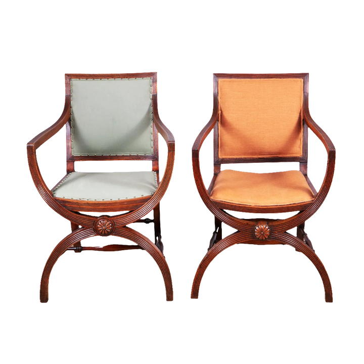 Near pair of Regency mahogany X frame chairs with elegant upholstery, by Collection CK20, circa 1810 England craftsmanship