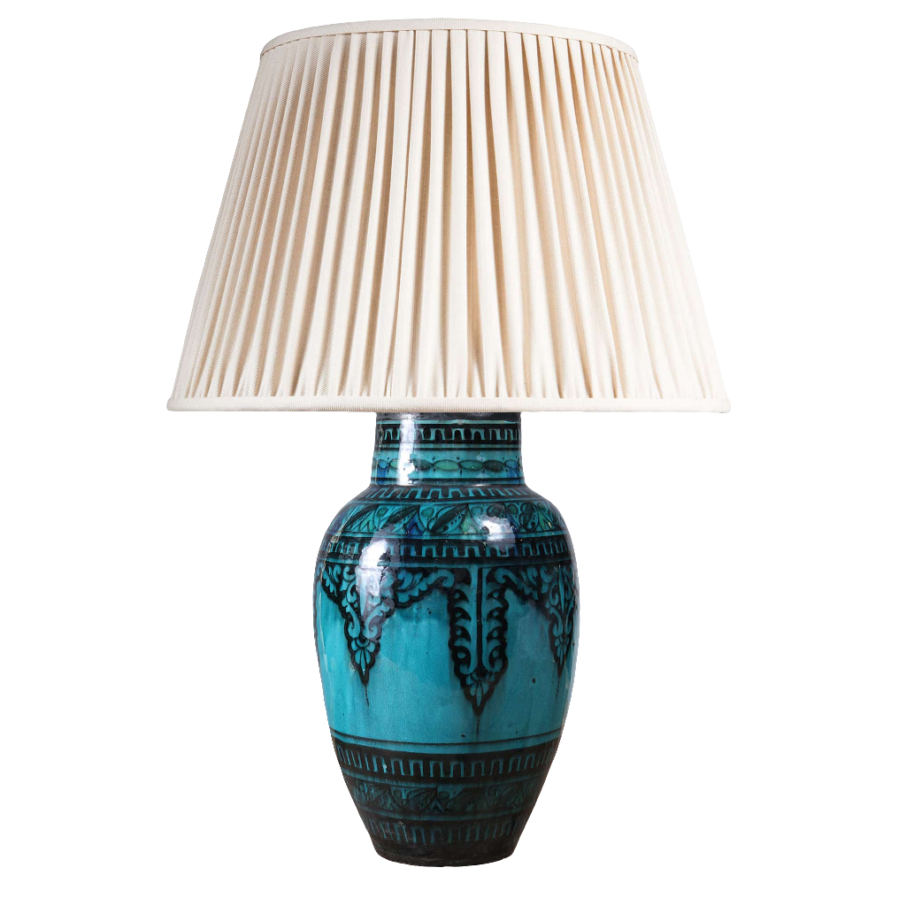 North African Turquoise Vase as a Table lamp III with blue ceramic base and cream pleated fabric shade vintage design