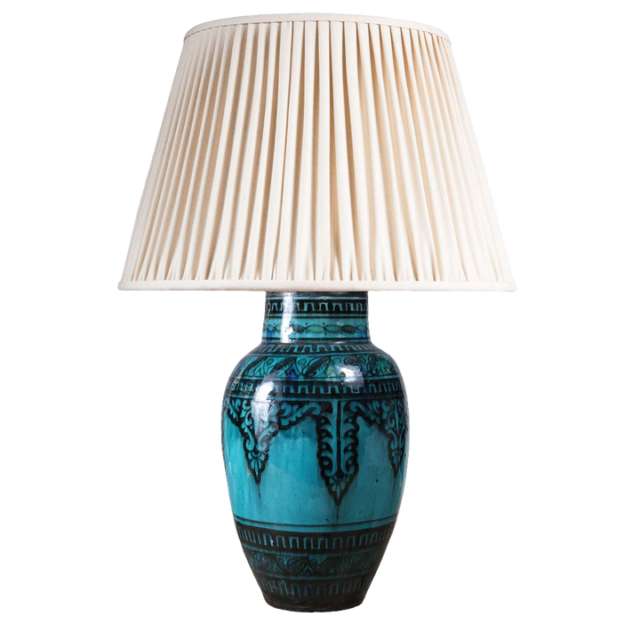 North African Turquoise Vase as a Table lamp III with blue ceramic base and cream pleated fabric shade vintage design