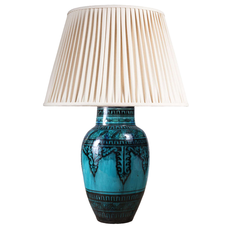 North African Turquoise Vase as a Table lamp III with blue ceramic base and cream pleated fabric shade vintage design