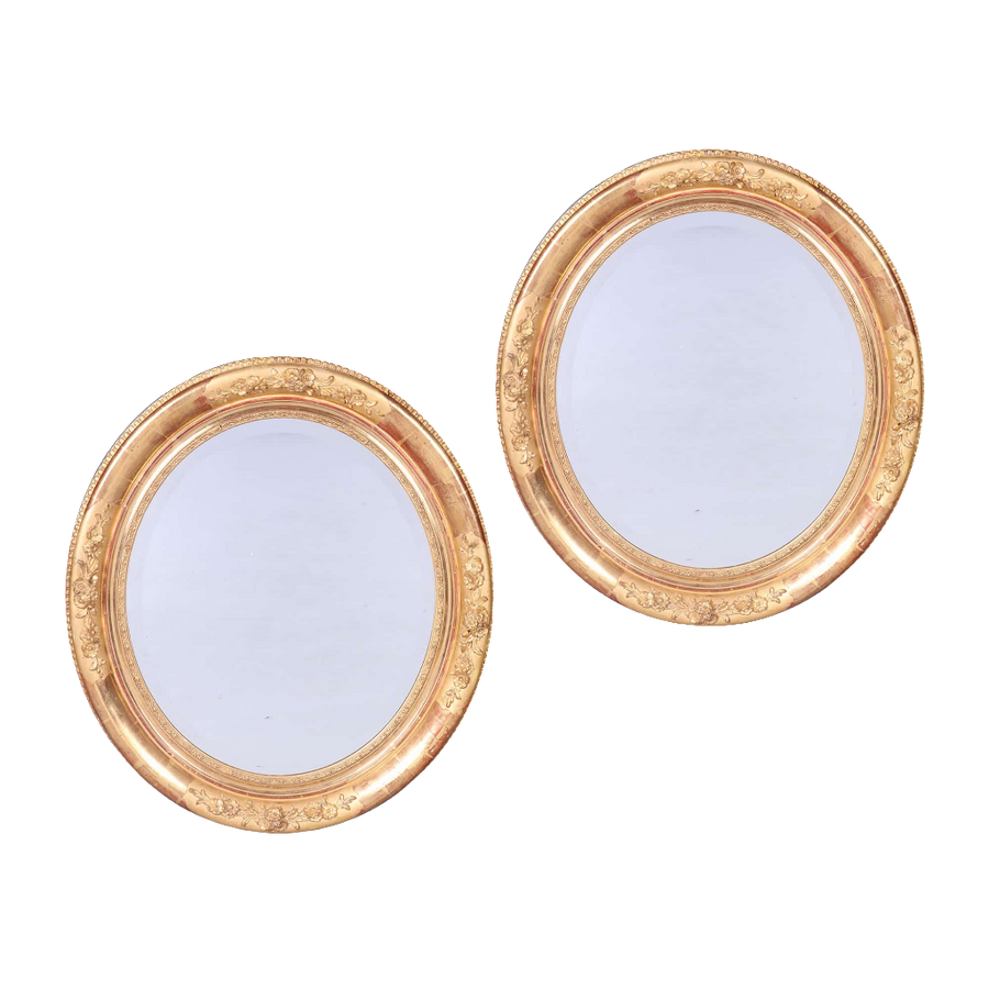 Pair of Victorian Giltwood Oval Wall Mirrors with beveled mercury plates, 19th-century English antique design.