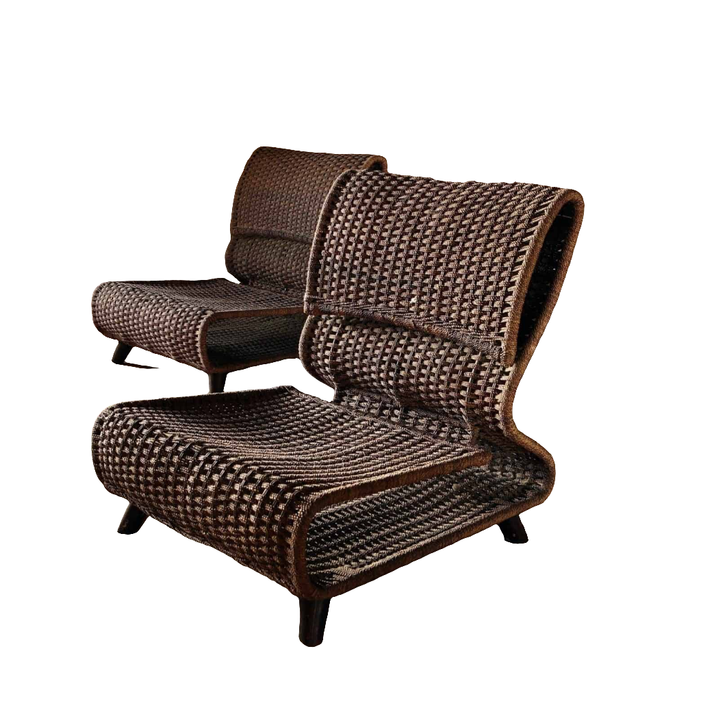 Pair of modernist woven seagrass easy chairs with metal frames by Collection EE30, inspired by Isamu Kenmochi design.