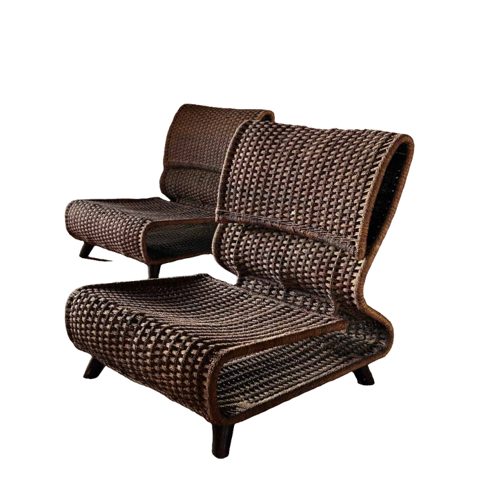 Pair of modernist woven seagrass easy chairs with metal frames by Collection EE30, inspired by Isamu Kenmochi design.