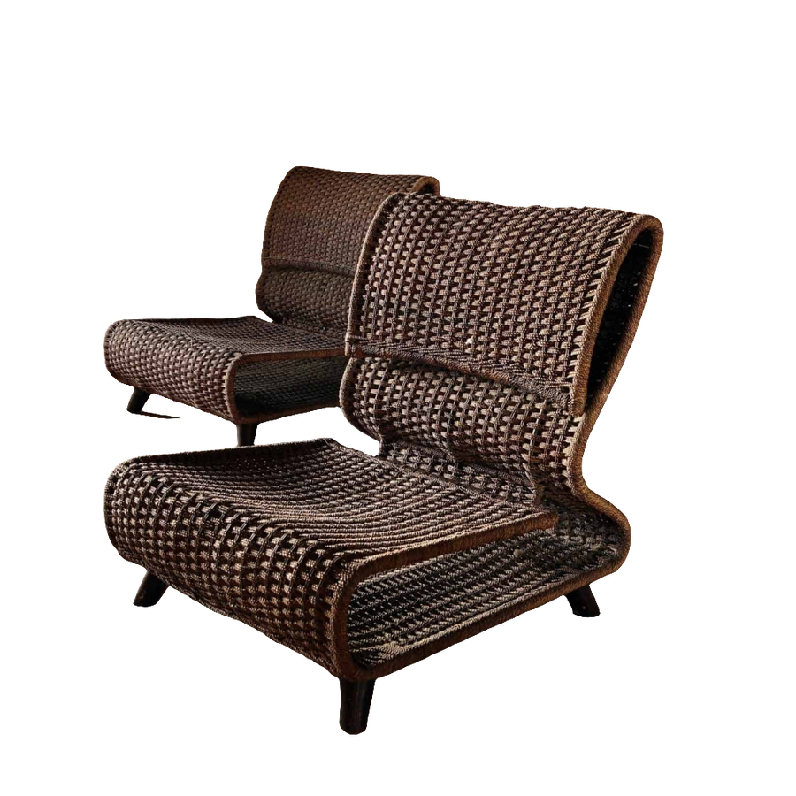 Pair of modernist woven seagrass easy chairs with metal frames by Collection EE30, inspired by Isamu Kenmochi design.