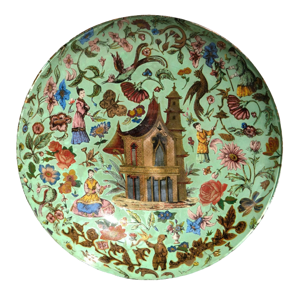 19th-century green chinoiserie decalcomania glass dish with pagoda and floral motifs by Nwtiques