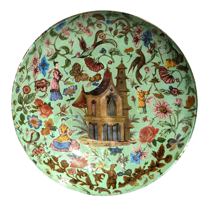 19th-century green chinoiserie decalcomania glass dish with pagoda and floral motifs by Nwtiques