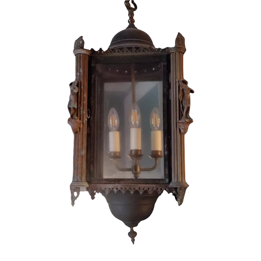 19th century Gothic tole lantern with four glazed sides and figures on corners, sold by Nicholas Wells Antiques