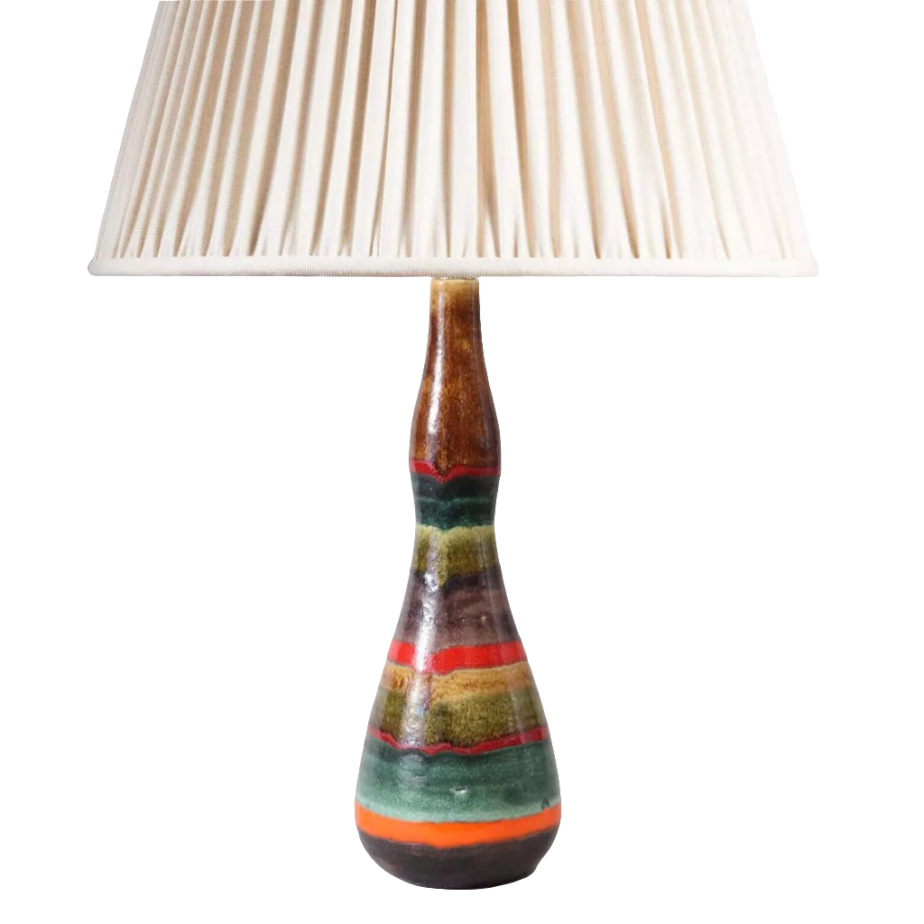 Guido Gambone Italian vase as a Table Lamp with polychrome glazed ceramic base and pleated fabric shade circa 1950.