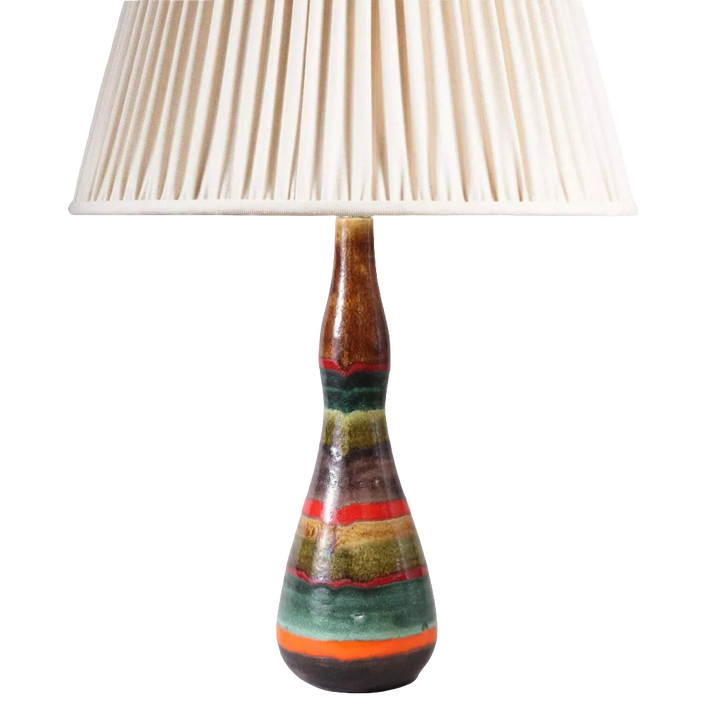 Guido Gambone Italian vase as a Table Lamp with polychrome glazed ceramic base and pleated fabric shade circa 1950.