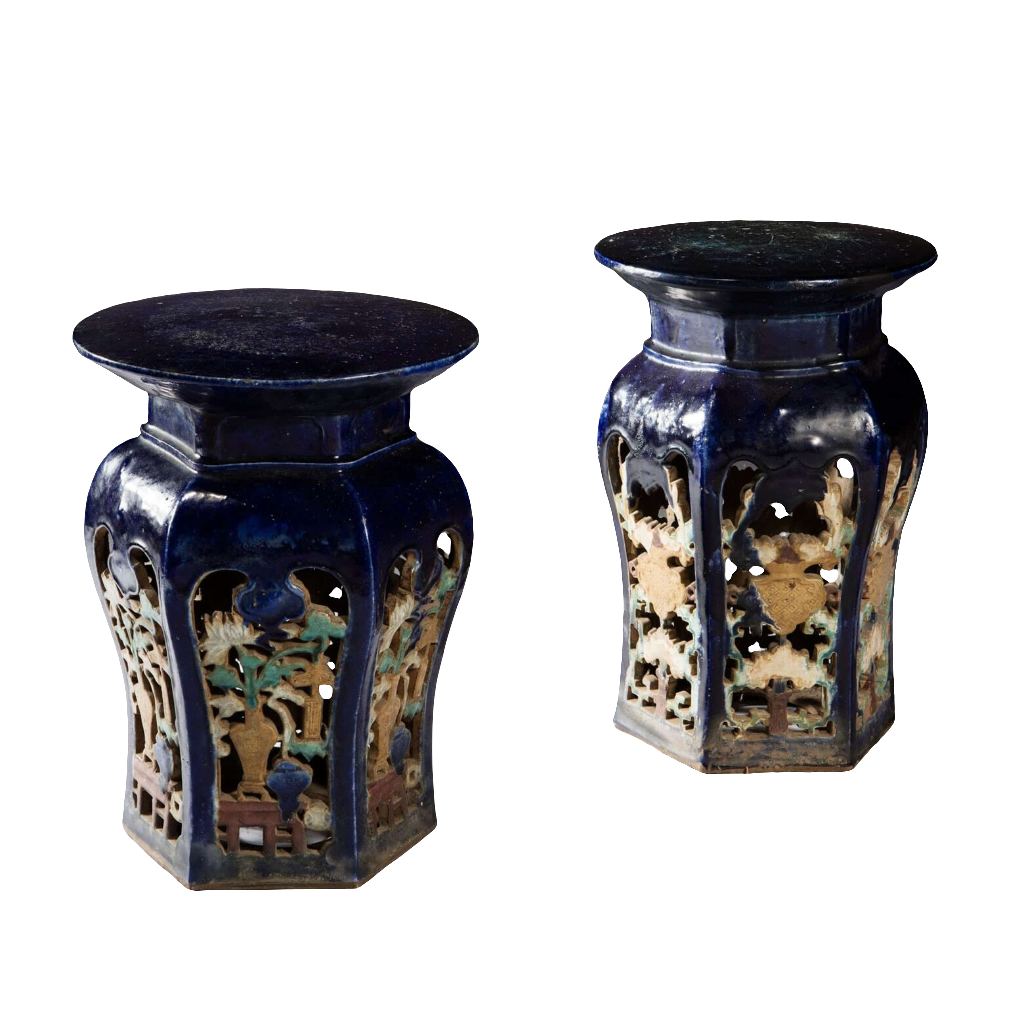 Pair of blue glazed Chinese pottery garden seats with intricate cut-out designs from Collection EE30