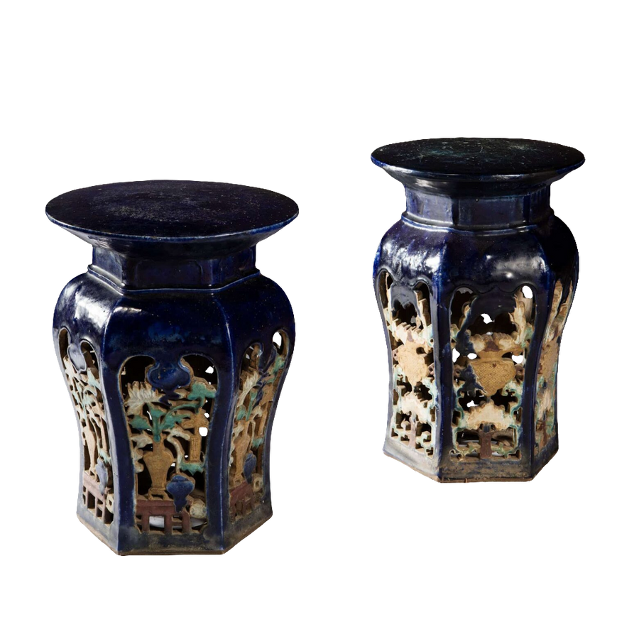 Pair of blue glazed Chinese pottery garden seats with intricate cut-out designs from Collection EE30
