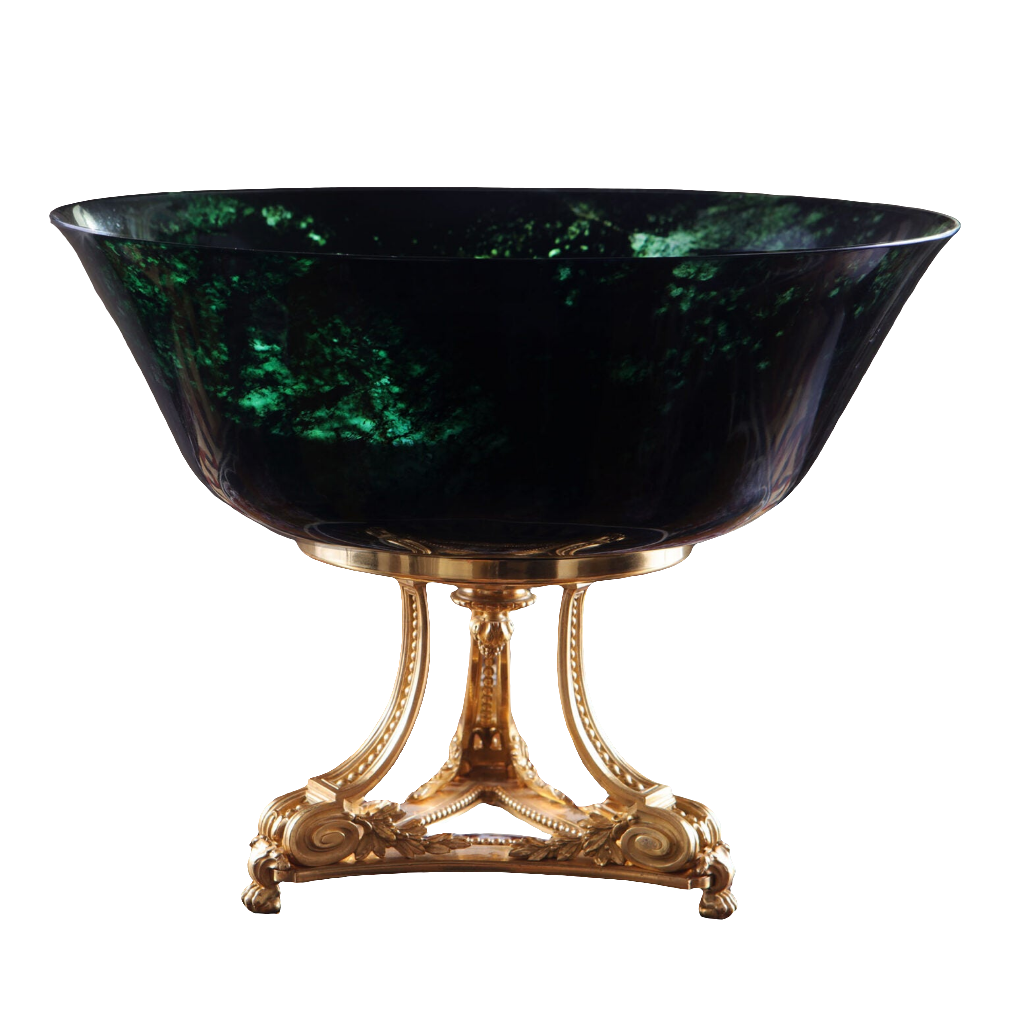 Large Chinese green jade bowl on ornate gold stand by Nwtiques, carved from solid jade, 26 cm tall, 33.5 cm diameter.