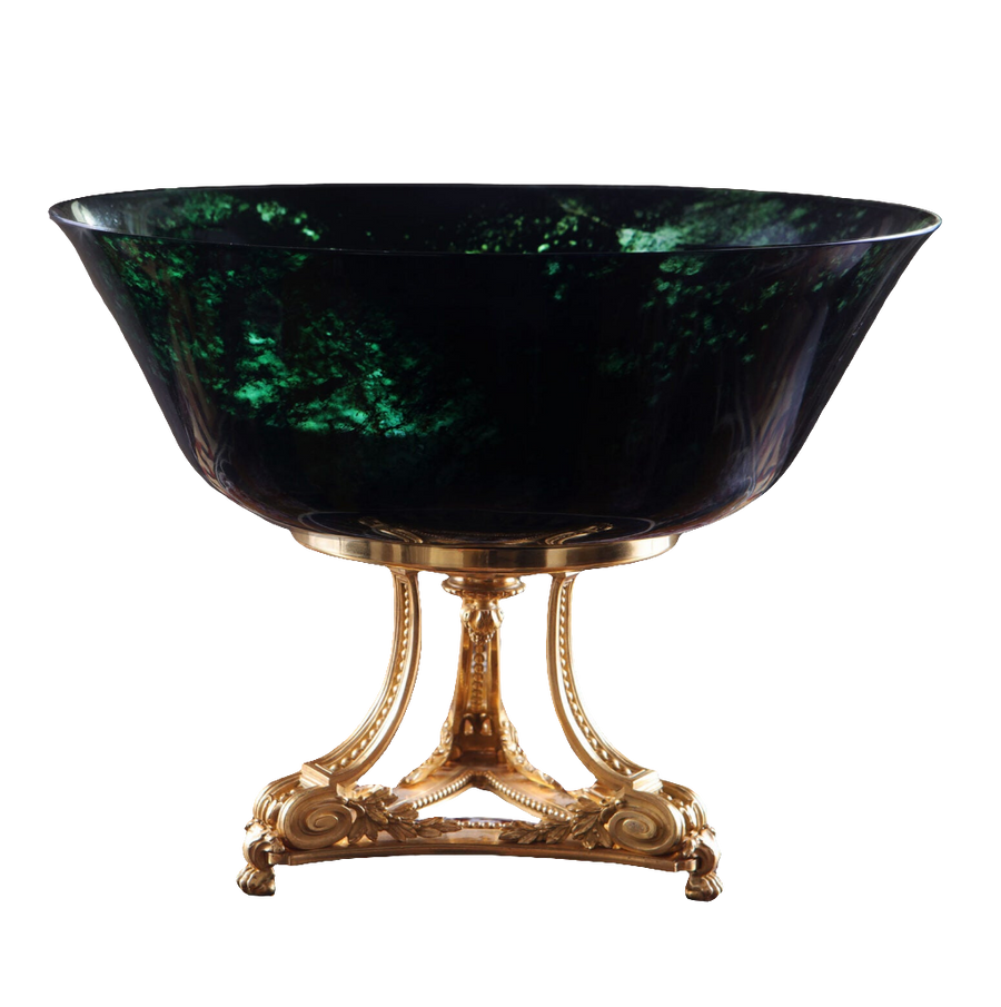 Large Chinese green jade bowl on ornate gold stand by Nwtiques, carved from solid jade, 26 cm tall, 33.5 cm diameter.