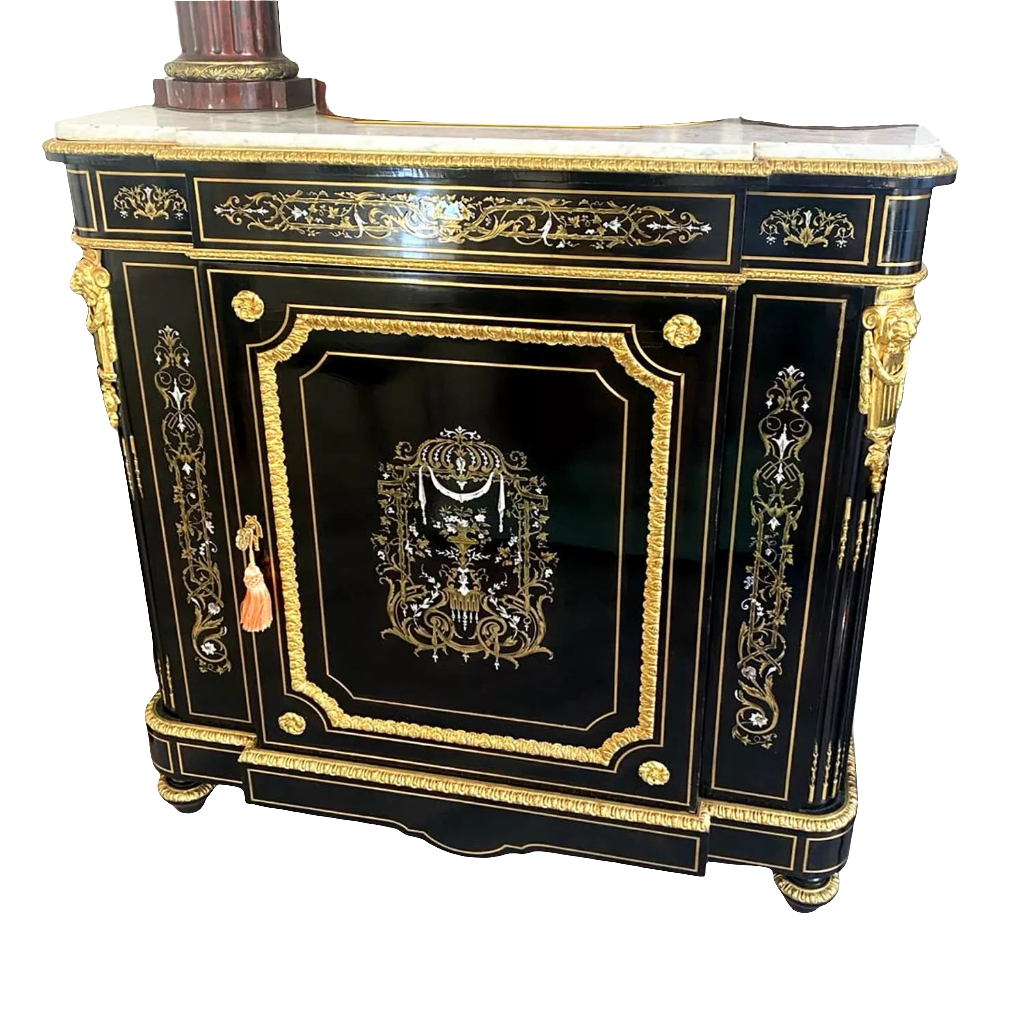 Mother of pearl inlaid ebonised cabinet with gilt bronze mounts and marble top by Nwtiques
