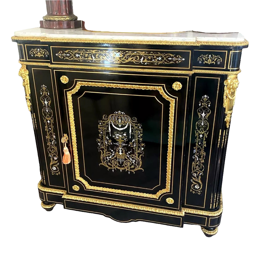 Mother of pearl inlaid ebonised cabinet with gilt bronze mounts and marble top by Nwtiques
