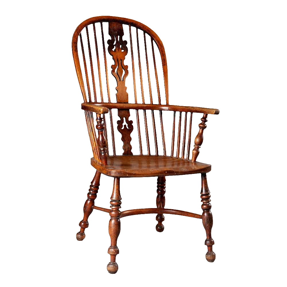 Original yew wood Windsor chair circa 1830 with carved back and turned legs from Collection CK20