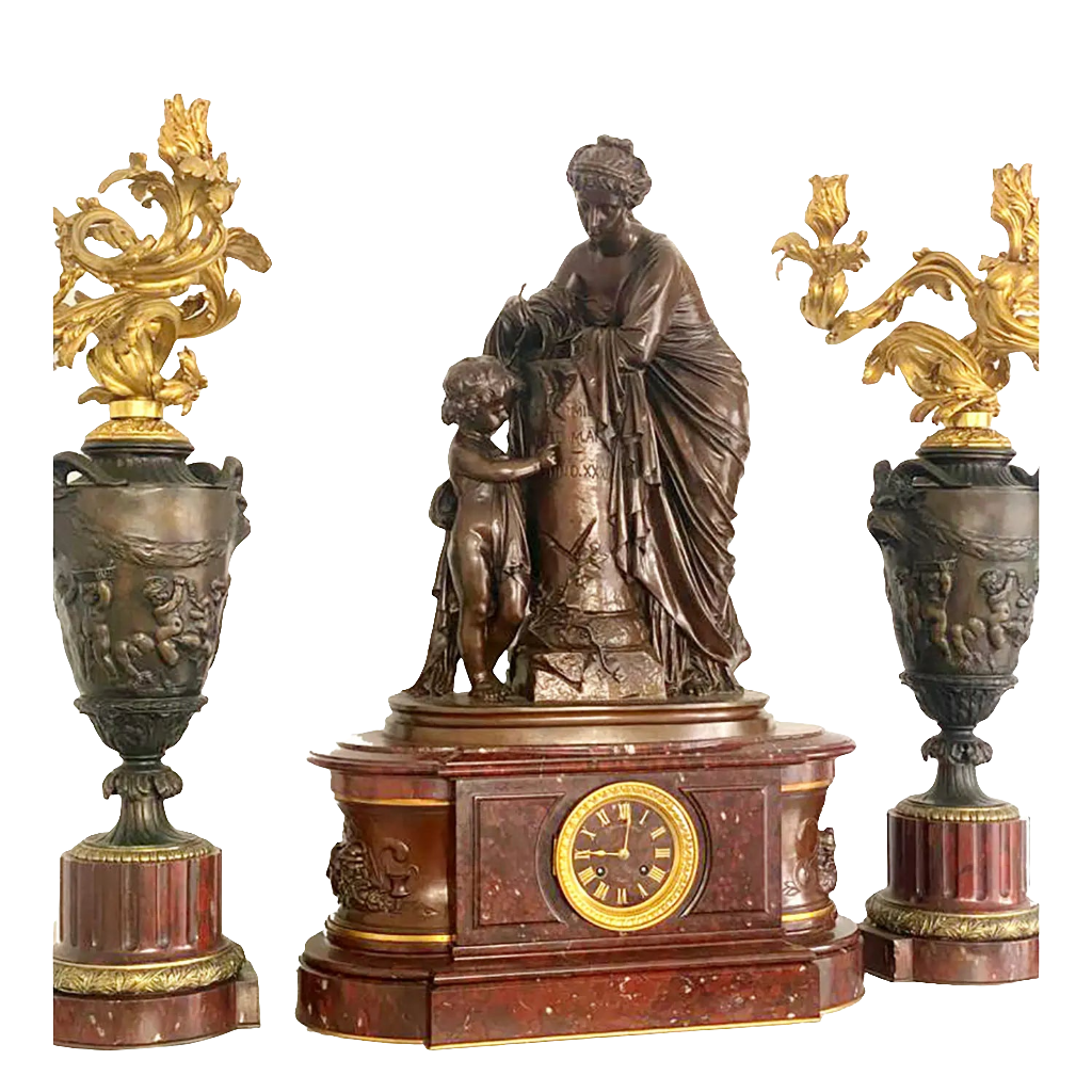 Napoleon III bronze and red marble clock set with candelabra by Nwtiques circa 1890 France