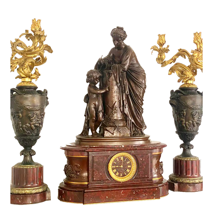 Napoleon III bronze and red marble clock set with candelabra by Nwtiques circa 1890 France