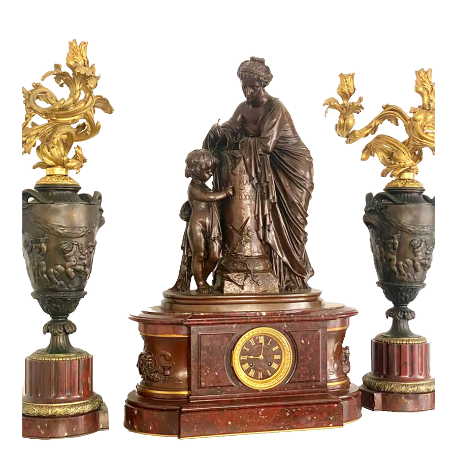 Napoleon III bronze and red marble clock set with candelabra by Nwtiques circa 1890 France
