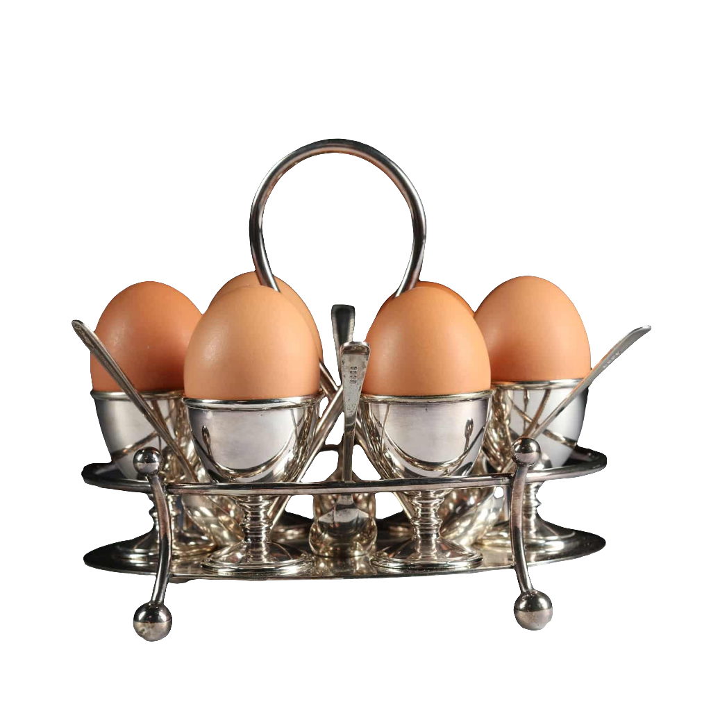 Hukin & Heath silver plated 6 egg cruet with spoons and twisted handle from Nwtiques