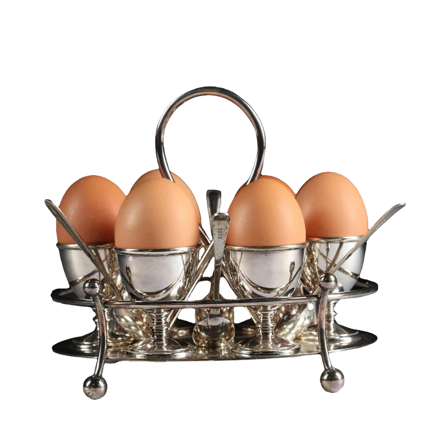 Hukin & Heath silver plated 6 egg cruet with spoons and twisted handle from Nwtiques