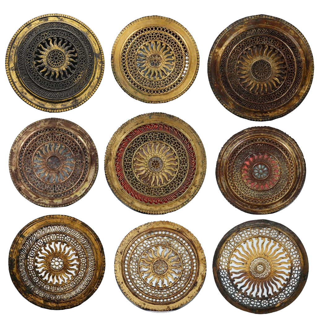 Group of Nine pierced gilt copper mirrored Chakras
