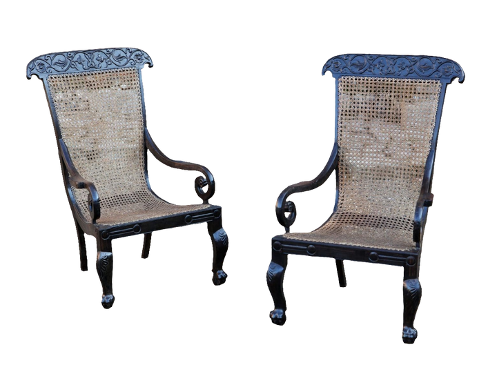 Pair of 19th century Anglo Indian solid ebony caned armchairs with carved vine details by ANTIQUES