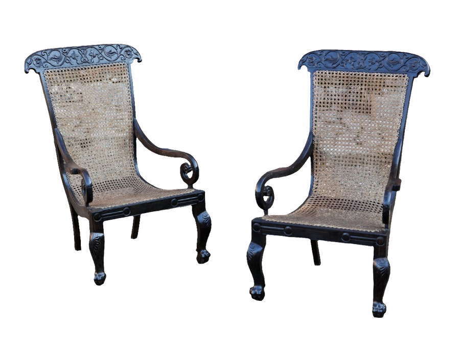 Pair of 19th century Anglo Indian solid ebony caned armchairs with carved vine details by ANTIQUES