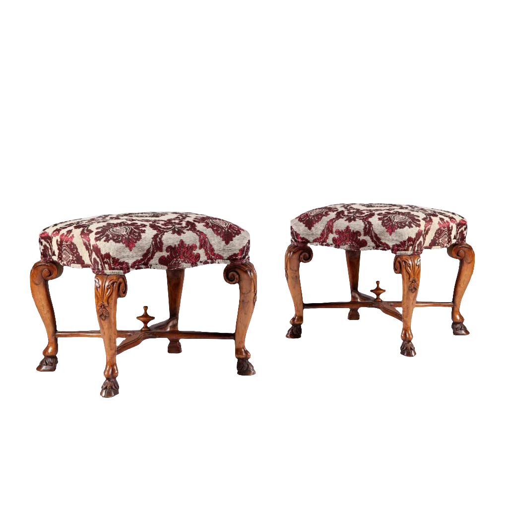 Pair of large 18th century Italian walnut stools with ornate cabriole legs and floral upholstery by Collection CK20