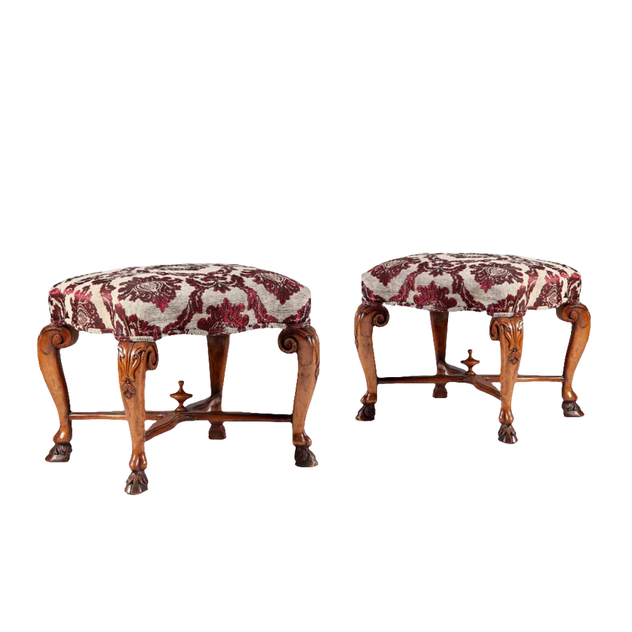 Pair of large 18th century Italian walnut stools with ornate cabriole legs and floral upholstery by Collection CK20