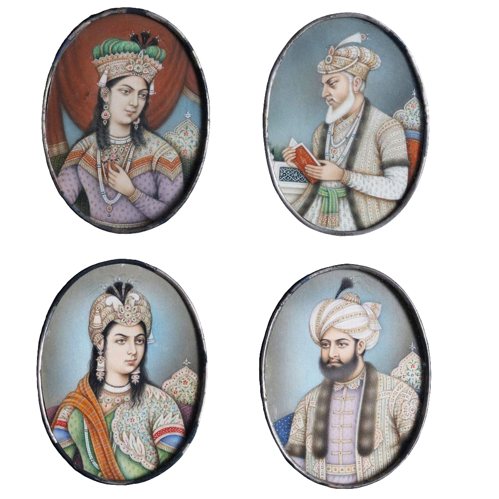 Four framed Indian portrait miniatures of Mughal rulers and consorts by Nwtiques, 19th century India.