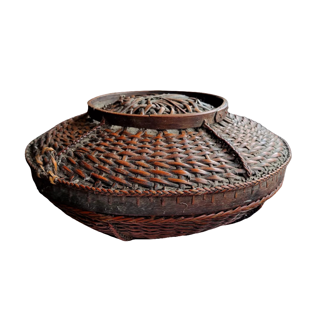 Vintage Ifugao bamboo and rattan woven box with lid, tribal design, from Nwtiques, Philippines circa 1900