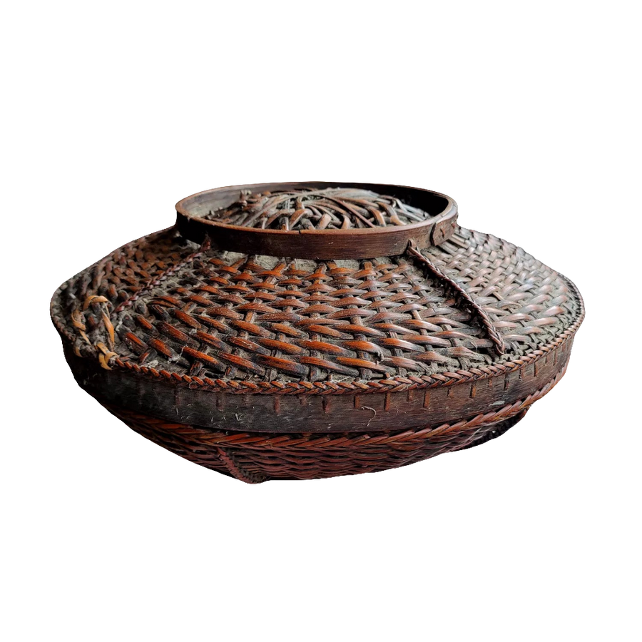 Vintage Ifugao bamboo and rattan woven box with lid, tribal design, from Nwtiques, Philippines circa 1900