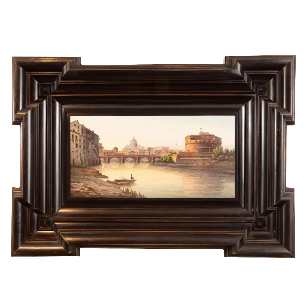Rare 19th-century micromosaic of Rome with St Peters and Tiber River in black ebonised frame by Nwtiques
