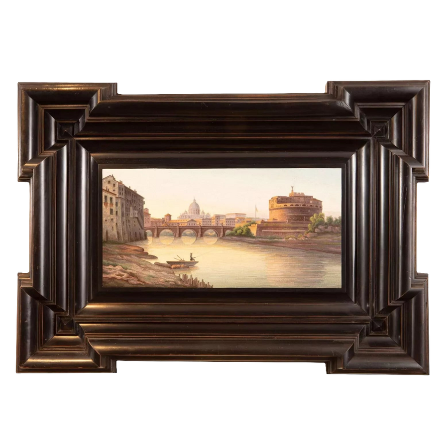 Rare 19th-century micromosaic of Rome with St Peters and Tiber River in black ebonised frame by Nwtiques