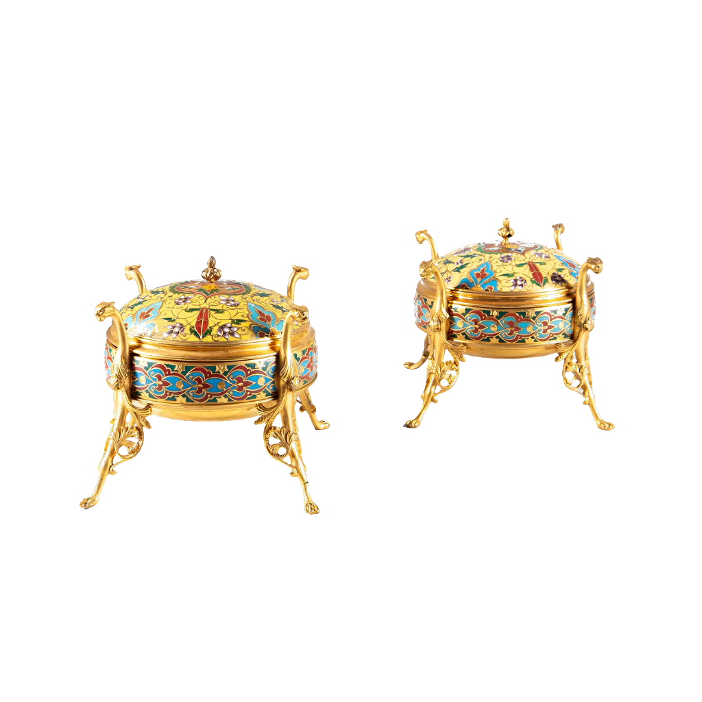 Pair of 19th-century gilt bronze enamel drageoirs by F. Barbedienne, offered by Nwtiques.
