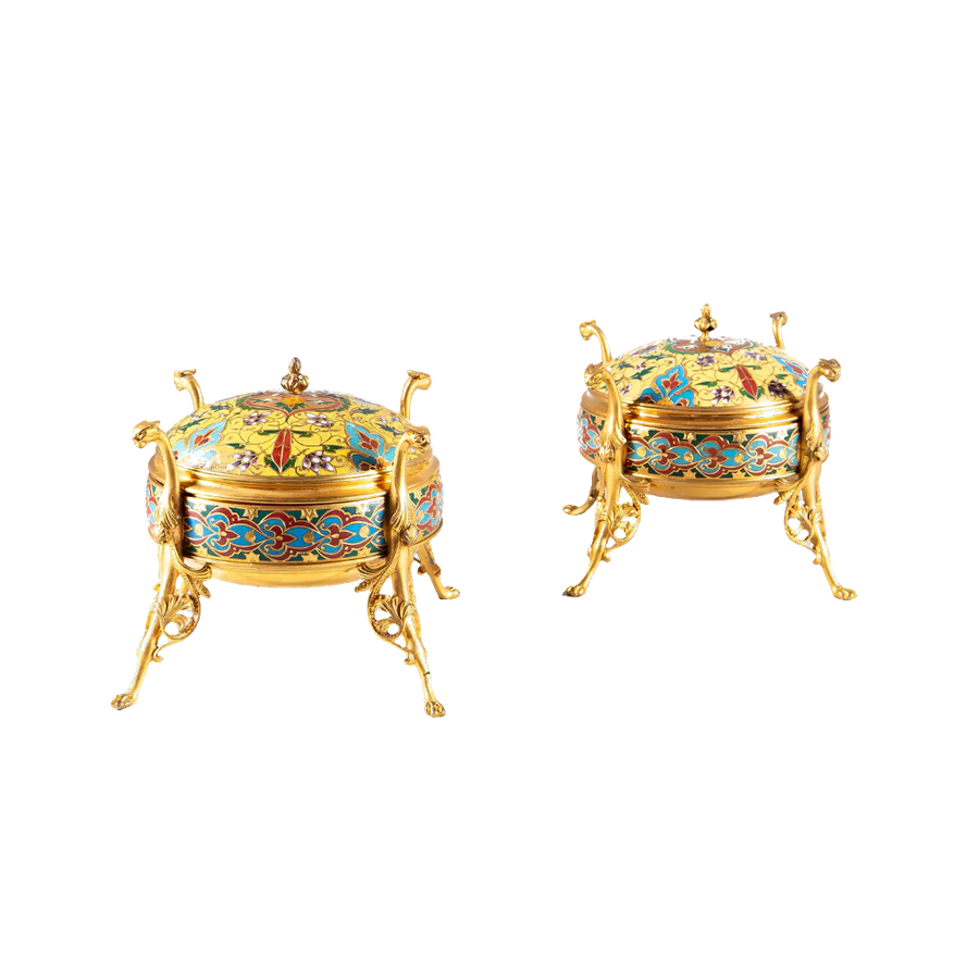 Pair of 19th-century gilt bronze enamel drageoirs by F. Barbedienne, offered by Nwtiques.
