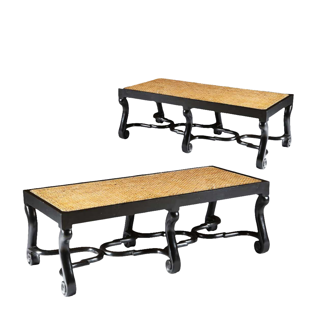 Pair of ebonised benches with cane seats and Jacobean stretchers by Collection EE30, late 19th century style.